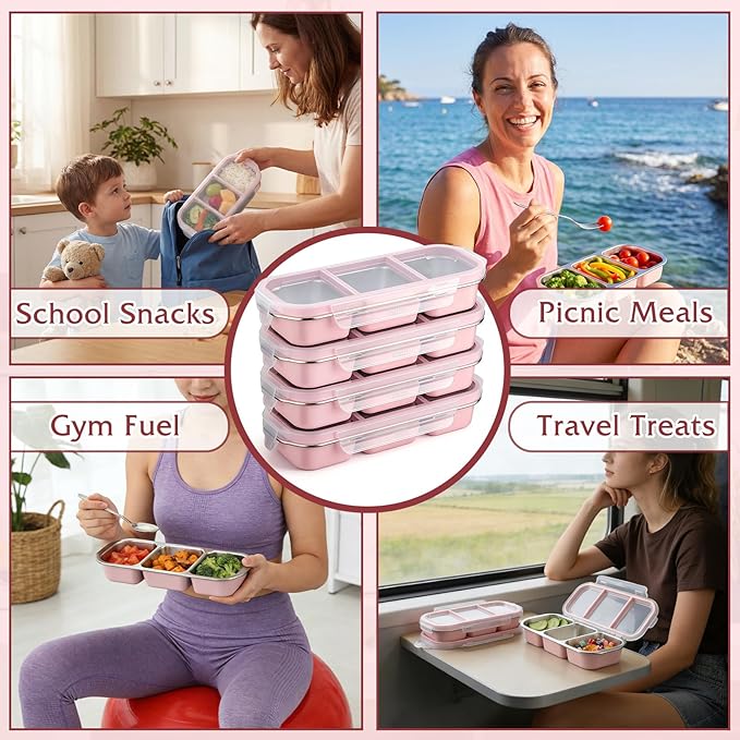 FoldTier 4 Pack Stainless Steel Snack Container for Adults 3-compartment Leak-proof Lunch Box for Work, Travel 10.6 x 4.1 x 2 Inch Stackable Reusable Metal Bento Box(Pink)