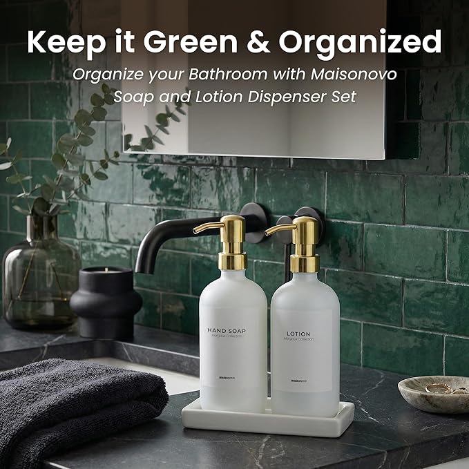 MaisoNovo Soap and Lotion Dispenser Set - Bathroom Soap Dispenser Set with White Soap Dispenser, Gold Pumps & Ceramic Tray