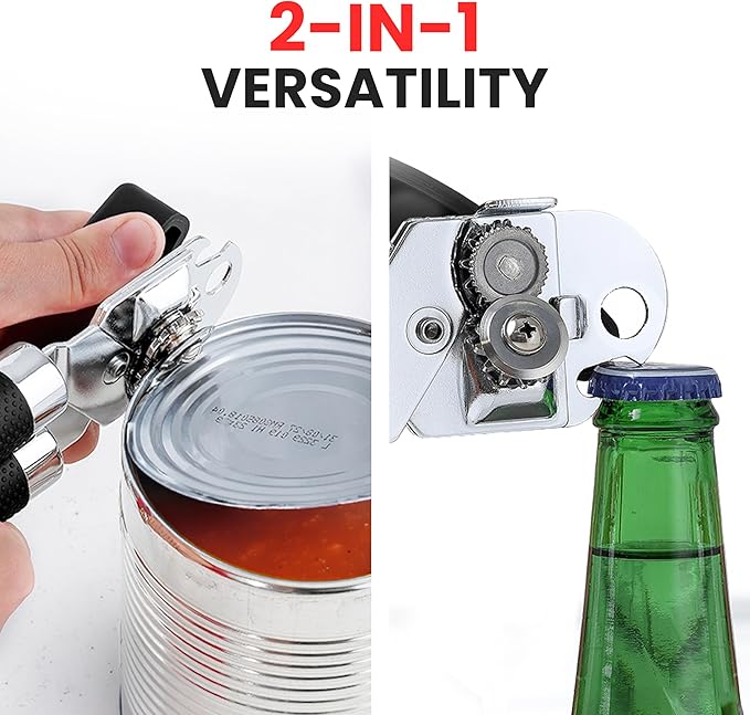 Zulay Kitchen Heavy Duty Stainless Steel Can Opener Manual with Large Bottle Opener - Manual Can Opener with Turn Knob with Soft Grip Handles - Black