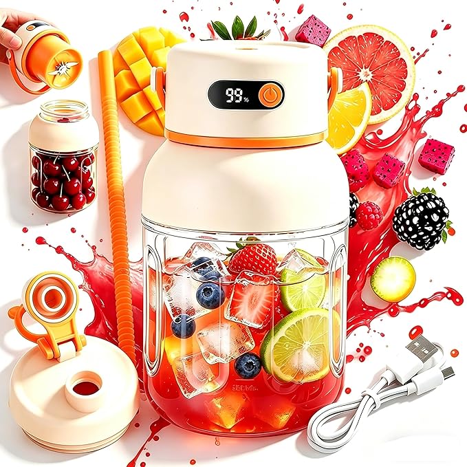 Portable Electric Juicer Cup with Zero Cord Hassle,Fresh Juice Mini Fast Portable,18000 Rpm High Speed with Digital Display&Leakproof Lid,Automatic Cleaning with Straw and Two Lids (1000ml/35.27oz)