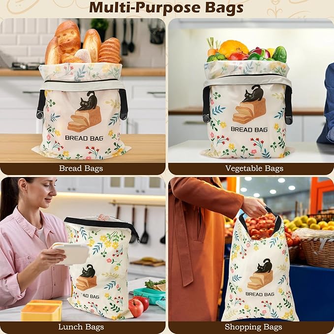 2 Pack Reusable Bread Bags for Homemade Bread, 17"×13" Sourdough Bread Storage Bags with Bowl Cover - Keep Loaf Fresh and Easy to Wash(Black Cat)