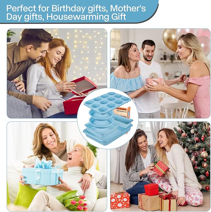 Baking Pans Set Non Stick, Bakeware Sets Stackable, Oven Safe, Steel Baking Set Supplies for Home Baking, Roasting, Easy to Release, Sturdy Bake Gifts for Holiday, Blue, 6 Pieces