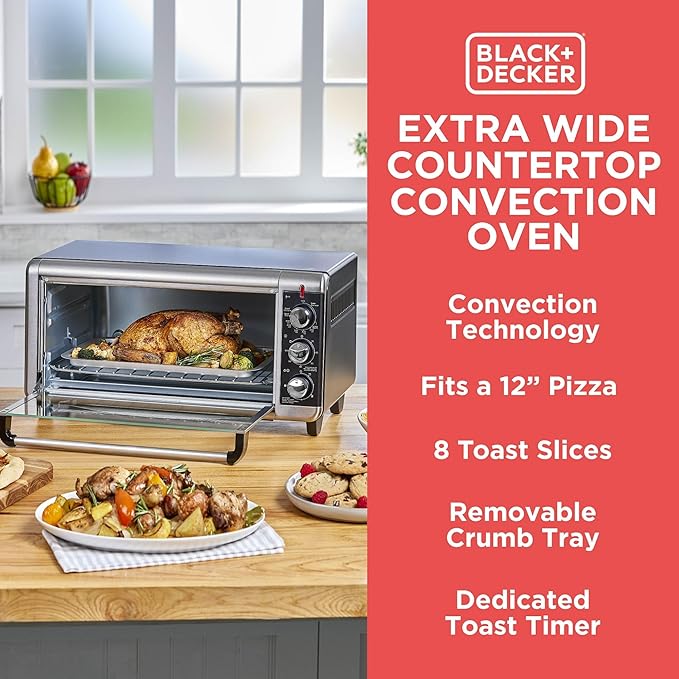 BLACK+DECKER TO3250XSBD 8-Slice Extra Wide Convection Countertop Toaster Oven, Includes Bake Pan, Broil Rack & Toasting Rack, Stainless Steel/Black