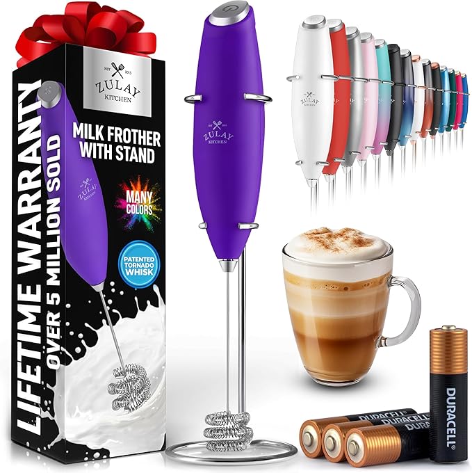 Zulay Kitchen Patented Tornado Triple Whisk Milk Frother with 4 Duracell Batteries – Handheld Foam Maker for Coffee, Lattes, Matcha & Hot Chocolate – Rich, Creamy Froth in Seconds - Purple