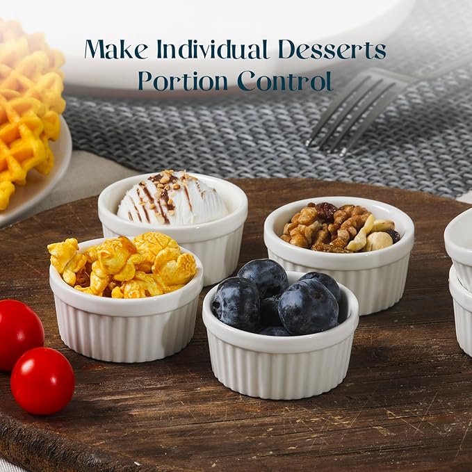 DOWAN Dipping Bowls 1.5 oz, Sauce Cups Mini Ramekins, Tiny Ramekin Porcelain Souffle Dish, Dessert Cups Small Bowls Condiment Cups for Charcuterie Board, Microwave & Oven Safe, Set of 6, Soft White