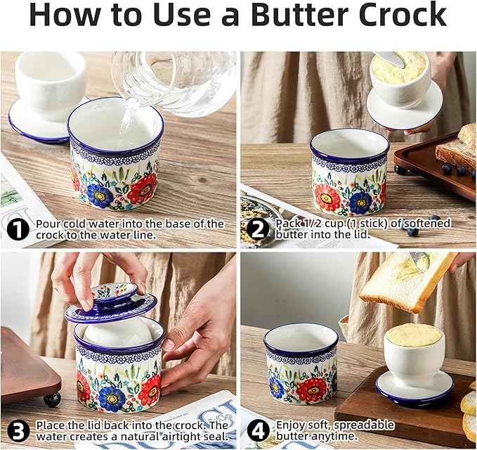 French Butter Crock with Lid for Countertop,Handpainted Floral Butter Keeper with Water Seal Line, Farmhouse Ceramic Butter Container Airtight for Soft Spreadable Butter,Housewarming Gifts