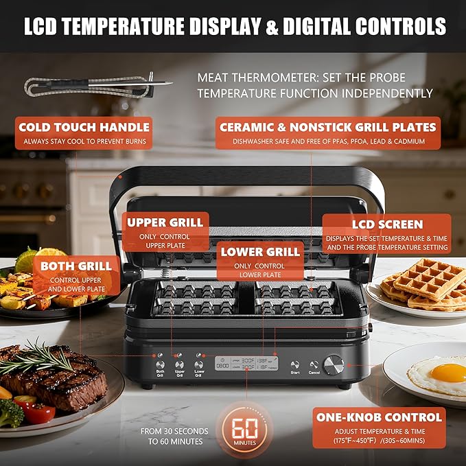 CATTLEMAN Panini Grill Press Sandwich Maker with Removable Plates, 1600W, 6 in 1 Waffle Maker & Electric Indoor Grill with Meat Thermometer, PFAS Free Ceramic Nonstick Reversible Plates, Opens Flat
