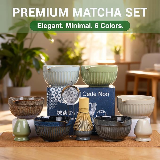 Matcha Whisk Set – Ceramic Matcha Bowl with Spout, Bamboo Whisk, Scoop, Ceramic Holders, Stainless Sifter, Towel,Perfect Matcha Starter Kit for Tea Ceremony, Japanese Tea Making Tools (Brown)