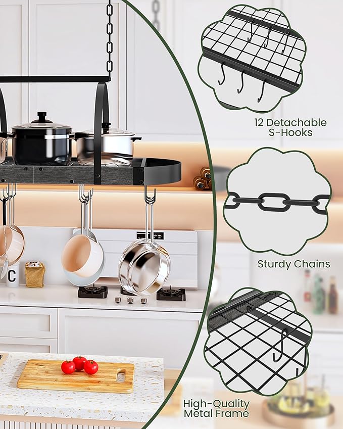 CHOEZON Hanging Pot Rack, Pot Hanger for Kitchen, Ceiling Mounted Pot Holder, Cookware Organizer with 12 S-Shaped Hooks, for Pot, Pan Storage, Space-Saving, Charcoal Black and Black TPR08BCC1