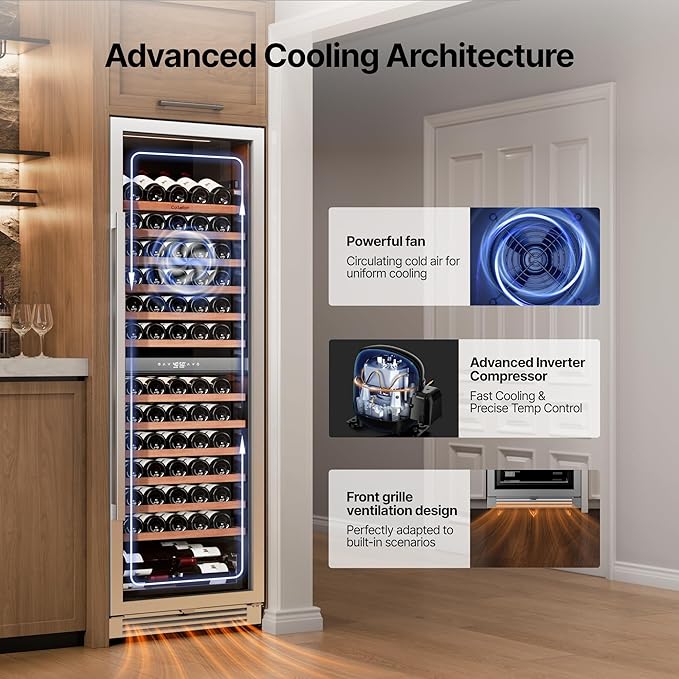 Ca'Lefort 155 Bottle Wine Fridge - 24 Inch Dual Zone Wine Cooler 40-65°F with Bottom Drawer, 13 Adjustable Shelves & 3 LED Lights, Energy Star Certified Built-in or Freestanding for Home/Bar/Kitchen