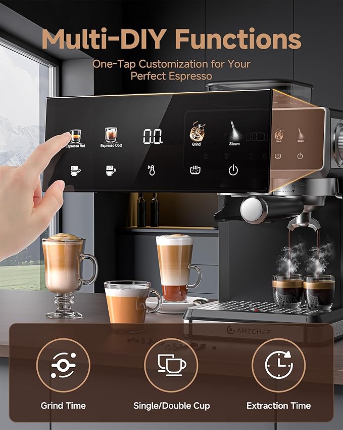 AMZCHEF Espresso Machine with Grinder, 3 Temp 197-205℉ Professional Espresso Machine, 3-10s Pre-Infusion, 20 Grind Settings, Latte Cappuccino Maker Home Barista, Black