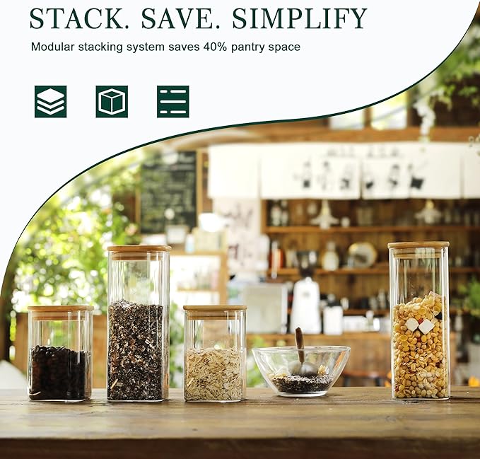 LIBWYS 12-Pack Square Glass Storage Jars with Bamboo Lids (0.6Qt/1.06Qt) - Stackable Food Containers for Pantry Organization, Coffee, Flour, Snacks, Tea | Kitchen Canisters Set