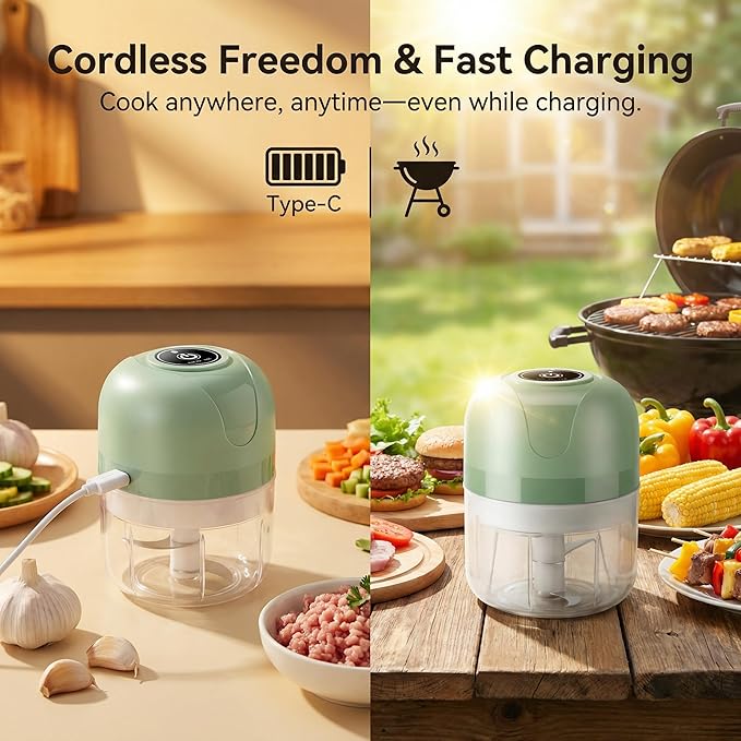 New Upgraded Dual-Cup Electric Garlic Chopper,Electric Mini Garlic Chopper, Portable Wireless Food Processor for Vegetables, Onion, Ginger, Chili, Meat – Rechargeable, Splash-Proof, Light Green