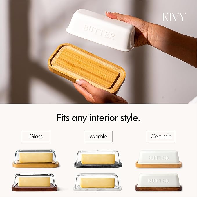 KIVY Glass butter dish with airtight lid that keeps butter soft - For countertop and refrigerator door shelf - Butter tray with lid fridge - Butter holder for counter - Covered butter dishes