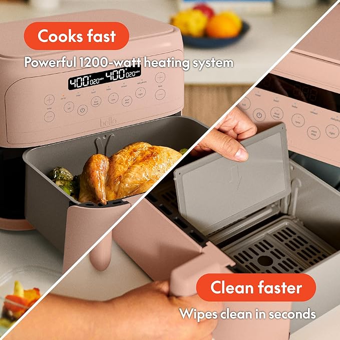 bella 4 Qt TriZone Air Fryer, EverGood™ Ceramic Nonstick Coating, Dual Basket Design w Removable Divider, Digital Touchscreen Control w 6 Preset Cooking Options, 1200 Watt, 3lb Capacity, Blossom