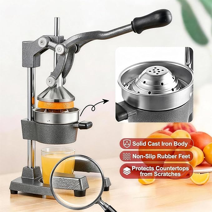 Cast Iron Juicer Hand Press - 13.8LB Heavy Duty Manual Citrus Orange Squeezer, 304 Stainless Steel Cup & Strainer, Professional Lemon Grapefruit Pomegranate Press for Home Bar Kitchen, Grey