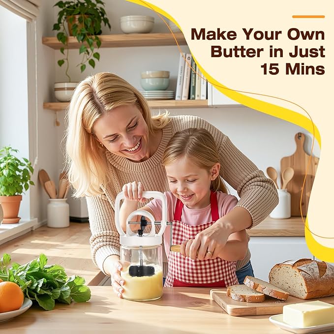 CAROD Traditional Manual Butter Churn Maker, 1.2L Capacity Glass Jar with Sifting Lid, Create Delicious Homemade Butter within 15 Min, Upgraded Design Protect from Injury