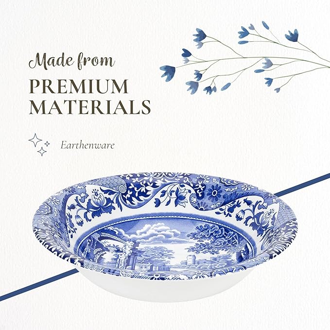 Spode Blue Italian Ascot Cereal Bowl Set of 4-8-Inch Earthenware Bowls with Oriental Design, Dishwasher & Microwave Safe Tableware for Breakfast, Soup, Rice, Dessert - Blue & White Dinnerware