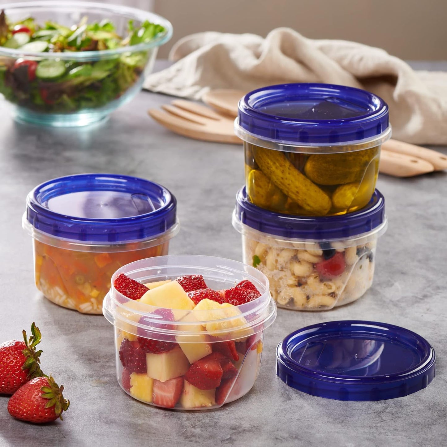 PLASTICPRO 12 Pack Twist Cap Food Storage Containers with Blue Screw on Lid- 16 oz Reusable Meal Prep Containers - Freezer and Microwave Safe Blue Plastic Food Storage
