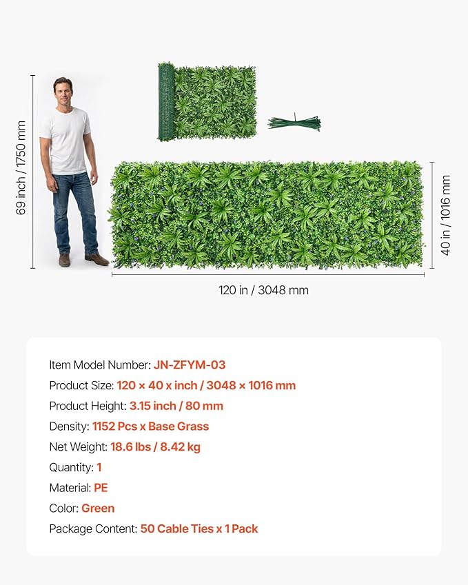 VEVOR Artificial Plant Wall, 40 x 120 in Artificial Boxwood Panels, Sun Protection Greenery Backdrop Privacy Hedge Fence, Fake Grass Screen for Wedding, Indoor, Outdoor Garden, Backyard,Mixed Leaf