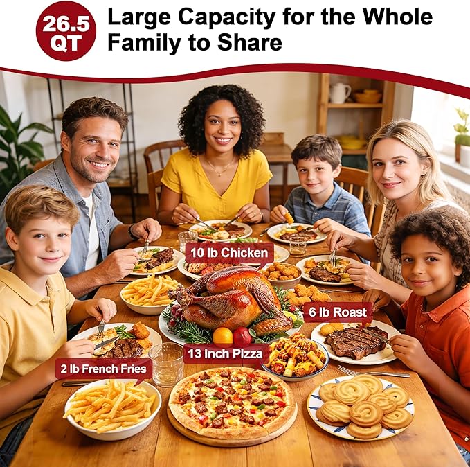 TomaChef Air Fryer Toaster Oven Combo, 26.5QT Large Capacity with Visible Window, 11-in-1 Countertop Toaster Oven, 85% Less Oil Healthy Cooker for Family, PFAS Free & Stainless Steel
