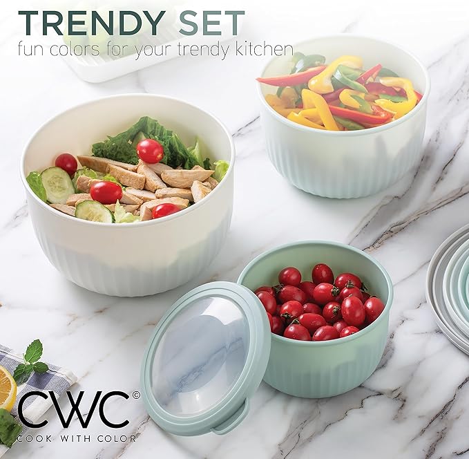 COOK WITH COLOR Prep Bowls with Lids- Wide and Deep Nesting Plastic Small Mixing Bowl Set with Lids, 12 Piece Set - Deep Bowls, Green
