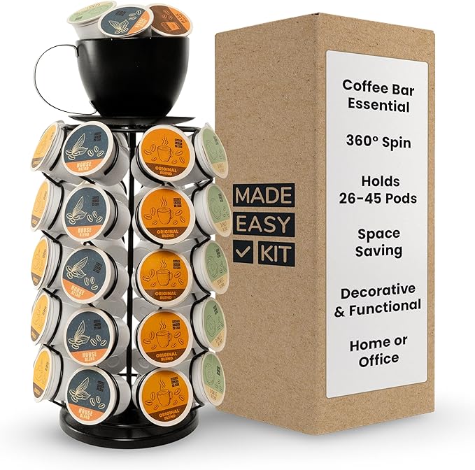 Made Easy Kit Carousel Coffee Pod Holder - Compatible with Keurig K-Pods K-Cups - Countertop 360 Spin Rack Storage Organizer - Revolving Base - Capsule Café Station Bar (Mug Black, Large)