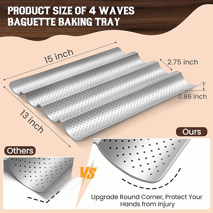 Pavsrmy Baguette Bread Pan, Premium Nonstick Perforated Baguette Pan for French Bread Baking, 4 Loaves Baguette Baking Tray for Sourdough, Italian Bread, Perfect for Creating Crisp Golden-Brown Crust