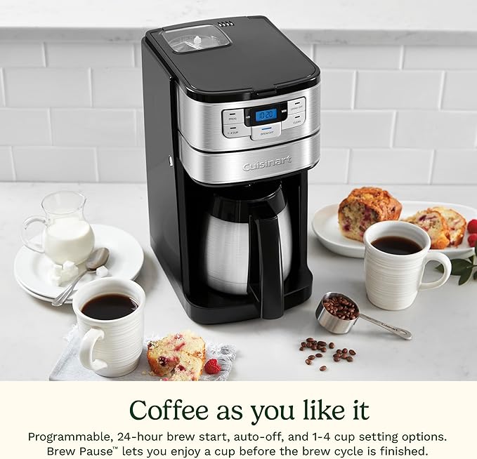 Cuisinart Automatic Grind & Brew 10-Cup Coffee Maker with Blade Grinder, Programmable Coffee Machine Glass Carafe with 1-4 Cup Setting, Brew Pause, Grind-Off Option, DGB-450NAS, Black/Stainless Steel