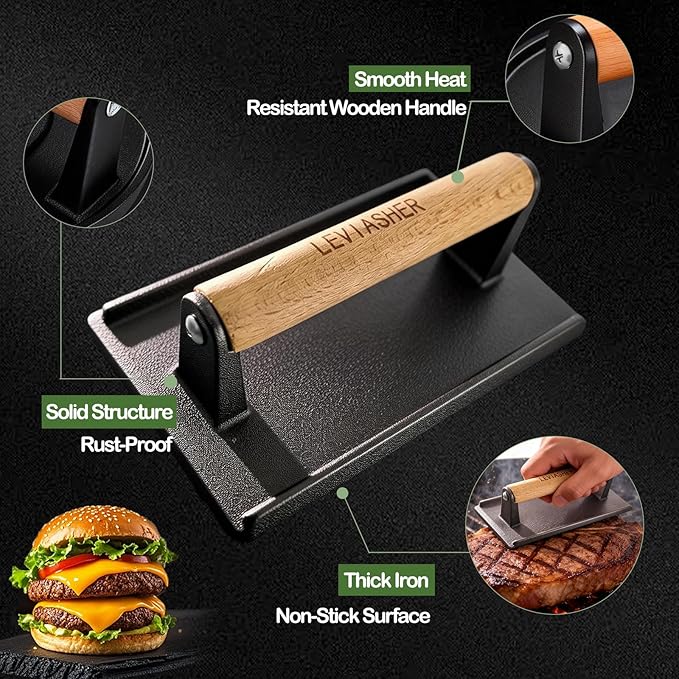 2.2 lb Heavy Duty Cast Iron Grill Press, 6.69 in Round 7.8X3.9in Rectangle Burger Press with Wood Handle for Blackstone, Griddle, Chef, Camp, Panini, Vegetable, Bacon, Sandwich, BBQ