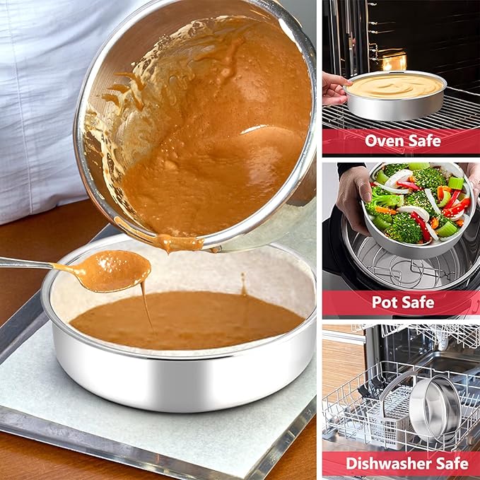 P&P CHEF Cake Pan Set of 4, Stainless Steel Baking Round Cake Pans Tins Bakeware for Birthday Wedding, Leak-proof & Easy Clean, Mirror Finish & Easy Releasing, 8 Inch