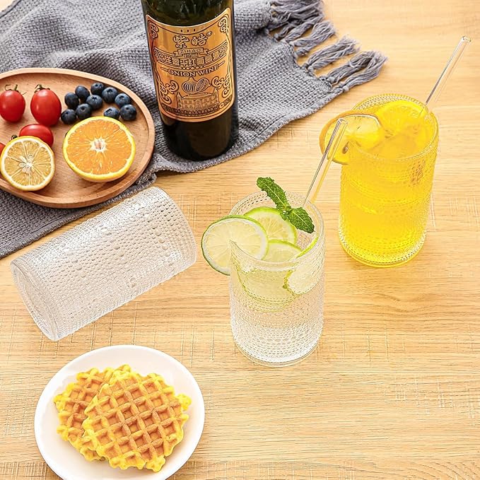 16oz Clear Hobnail Drinking Glasses with Straws Set of 12, Highball Glasses Cups, Kitchen Water Glasses Cup, for Cocktail, Juice, Whiskey, Milk and Various Mixed Drinks