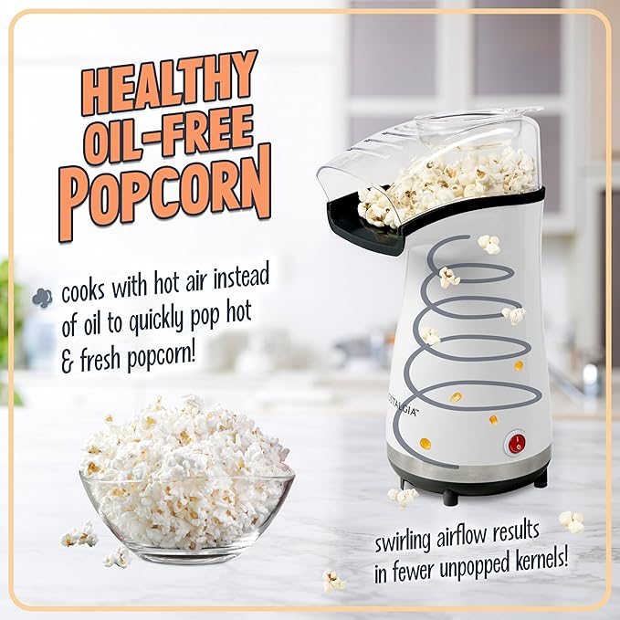 Nostalgia Air Popper Popcorn Maker – 16 Cups Oil-Free Pop Corn – Includes 4-oz Measuring Cup – Perfect for Family Movie Nights – White