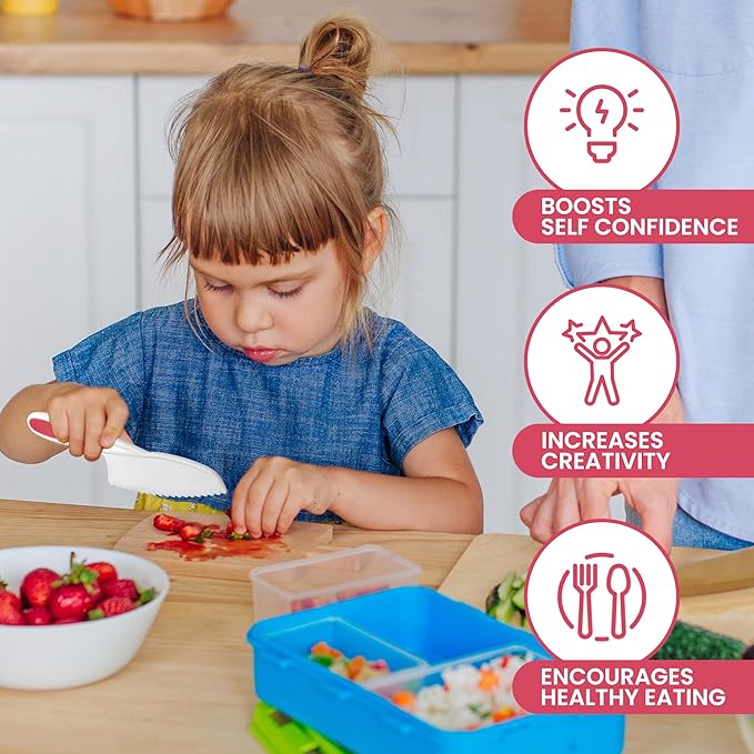 Zulay 3-Piece Kids Knife Set for Real Cooking & Baking - Toddler Knives for Cutting Fruits, Veggies, & Cake - Children’s Montessori Knive with Serrated Edges - Safe & Fun Lettuce Knife (Hot Pink)