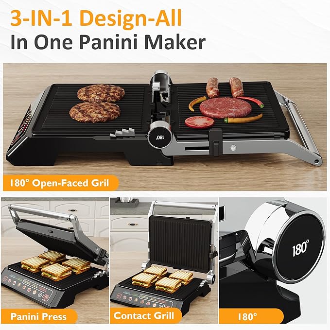 Sunvivi Indoor Grill & Griddle with Preset Menu, 1600W Electric Panini Press Sandwich Maker, Removable Nonstick Plates, Locking Lid, Double-sided Grill with 180° Flat Opening, Stainless Steel, Black