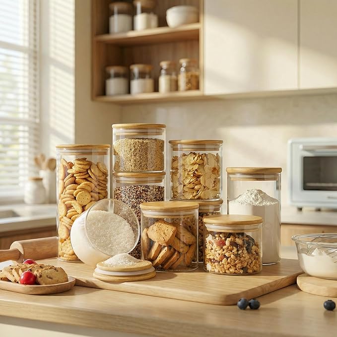 HomArtist 21oz - 4 Pack Glass Jars with Bamboo Lids, Glass Food Storage Containers with Airtight Lids, Air Tight Pantry Storage Containers for Coffee, Sugar, Spice, Meal Prep Jars for Salad & Fruit