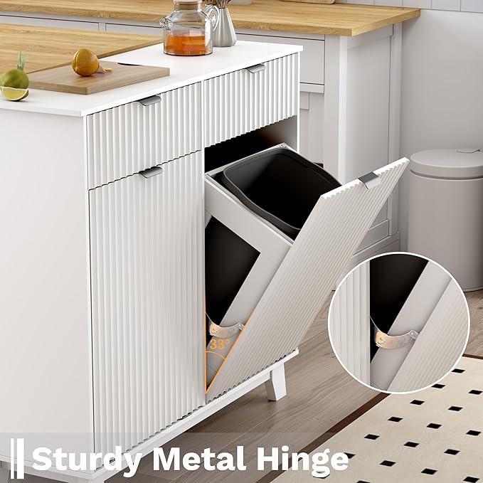 Double Tilt Out Laundry Hamper Cabinet, 20 Gallon Wooden Trash Can Cabinet with Drawers, Hidden Fluted Bathroom Storage Cabinet for Kitchen, Living Room (White, 39.34" W x 35.83" H x 13" D)
