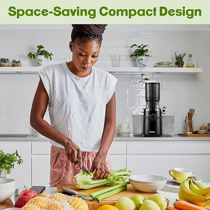 Cold Press Juicer Machines,Fretta Juicer Machines with PCTG Material from the USA,Fit Whole Fruits & Vegetables,Truly BPA-Free,Easy to Clean,Black