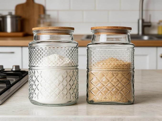 Large Glass Storage Jar, 2 Pack 60 FL OZ Glass Food Storage Containers with Bamboo Lid, Kitchen Laundry Room Organization Decorative Jar for Candy Cookies Coffee Beans Flour Nuts Airtight Glass Jars