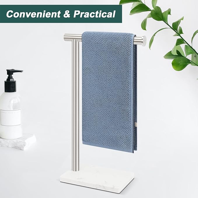 Hand Towel Holder, Hand Towel Stand for Bathroom with Marble Base, 304 Stainless Steel L Shape Hand Towel Rack Bar Standing for Vanity Kitchen Countertop, Brushed Nickel