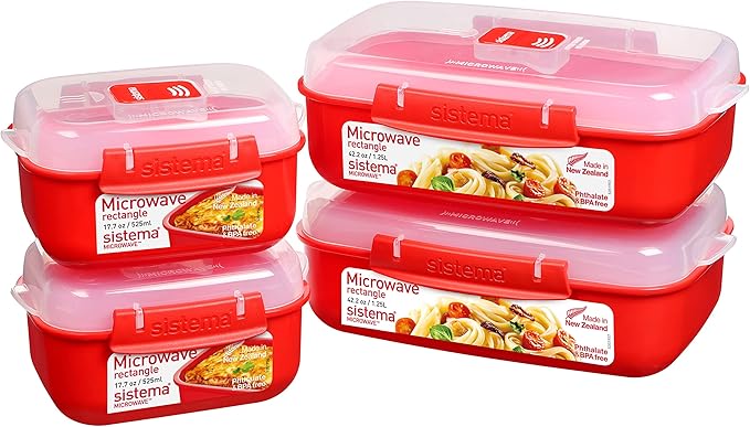 Sistema Heat & Eat Microwave Container Set, 4 Rectangular Microwaveable Food Containers with Lids & Steam Release Vents, Dishwasher & Freezer-Safe Food Storage, 2 x 1.25L & 525mL Sizes, BPA-Free