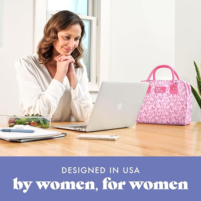 Fit & Fresh Bloomington Lunch Bag for Women - Insulated Large Lunch Box for Work with Containers, Leak-Resistant, Stain-Resistant, Zipper Closure, Pink Doodle Hearts