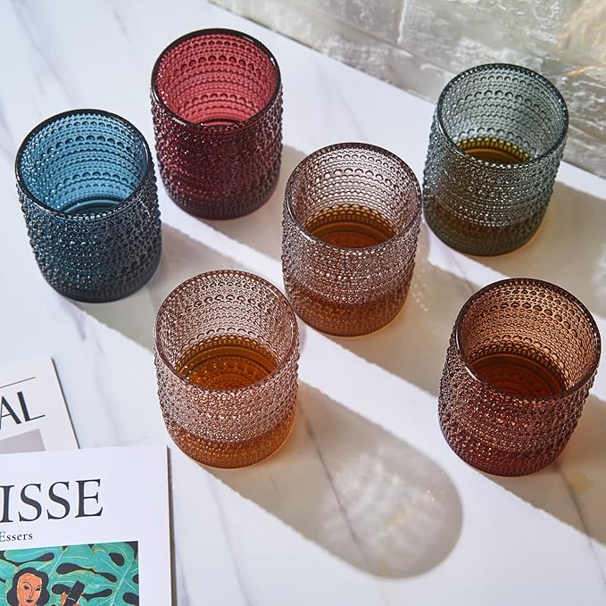 Khen Beaded Hobnail Tumbler Drinking Glasses Set | Set of 6 | Vintage Colored Hobnails 11 OZ Muted Bubble Design Whiskey, Old-Fashioned, Embossed Design Glass Water, Wine, Cocktail HAND WASH ONLY