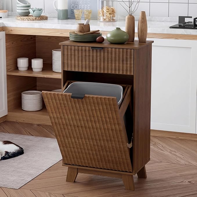 Modern Tilt Out Laundry Hamper Cabinet, 10 Gallon Wooden Trash Can Cabinet with Storage Drawer, Hidden Fluted Bathroom Storage Cabinet for Kitchen, Living Room (Walnut Wood, 20.47"W x 35.83"H x 13"D)