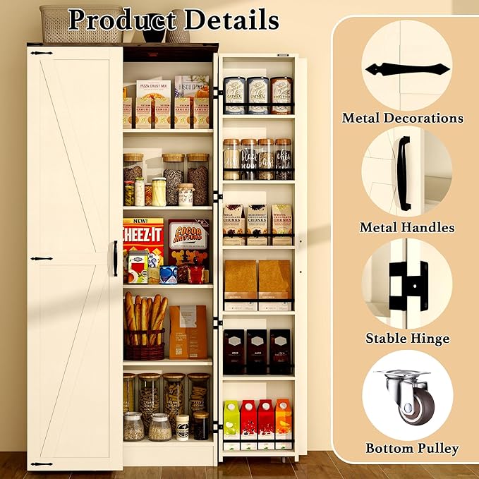 Tall Kitchen Pantry Cabinet: Food Pantry Cabinets for Kitchen Storage, Off White Wood Storage Cabinet with 2 Doors, Farmhouse Cabinets with Freestanding Cupboard