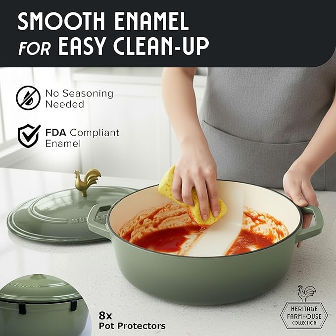 MUELLER HOME 5.5 Quart Enameled Cast Iron Oval Dutch Oven w Rooster Knob & Cotton Potholders, Heavy-Duty Cookware, Oven-Safe up to 500° F & Across All Cooktops, Gifts for Grandma & Women, Thyme Green