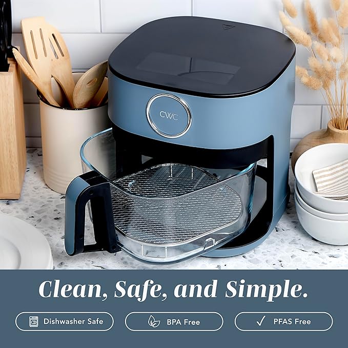 COOK WITH COLOR 1400W 5.5Qt Digital Kitchen Air Fryer with Glass Basket, 8 Presets Healthy Cooking Options, Bake, Fry, Reheat, 60-Min Timer, Adjustable Temperature Control 175°F–400°F, Slate Blue