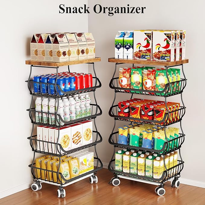 SAYZH Fruit Basket Kitchen Pantry Organizers and Storage - Wooden Top Table, Stackable Metal Wire Basket Stand Cart for Fruit Vegetable Snacks Onion Potato Organization (Black, 5 Tiers)