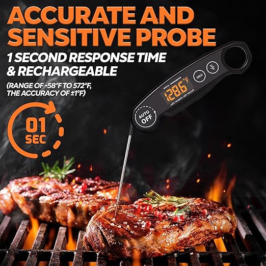 1 Second Instant Read Food Thermometer Rechargeable Meat Thermometer Digital Kitchen Thermometer for Cooking, Grill Thermometer, BBQ Thermometer Waterproof