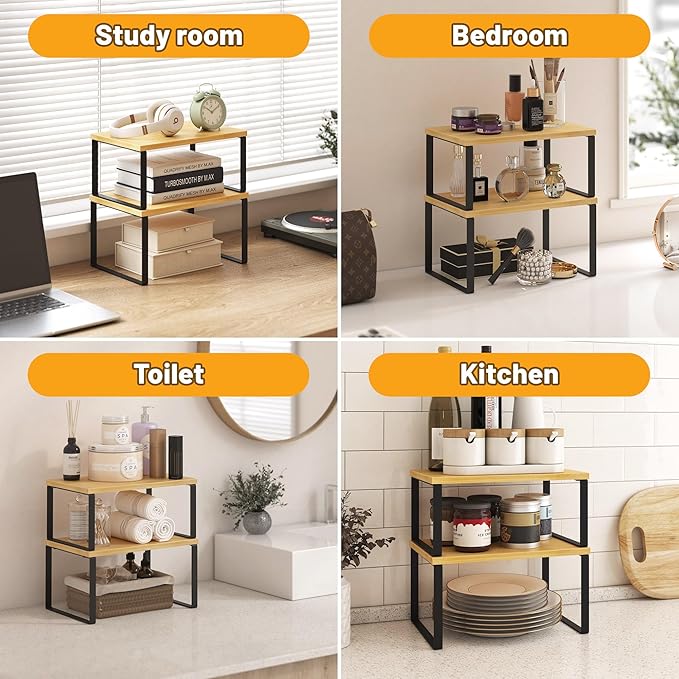 Kitchen Cabinet Organizer Shelf Set of 4, Sturdy Kitchen Counter Shelves with Metal Legs, Stackable Expandable Wood Spice Rack Pantry Cupboard Dish Mug Cup Storage Organizer Shelf,Black+Bamboo